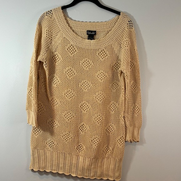 Rafaella Dresses & Skirts - Rafaella Open Knit Crochet Cotton‎ Blend Tan Scalloped Edge Tunic Swim Coverup L